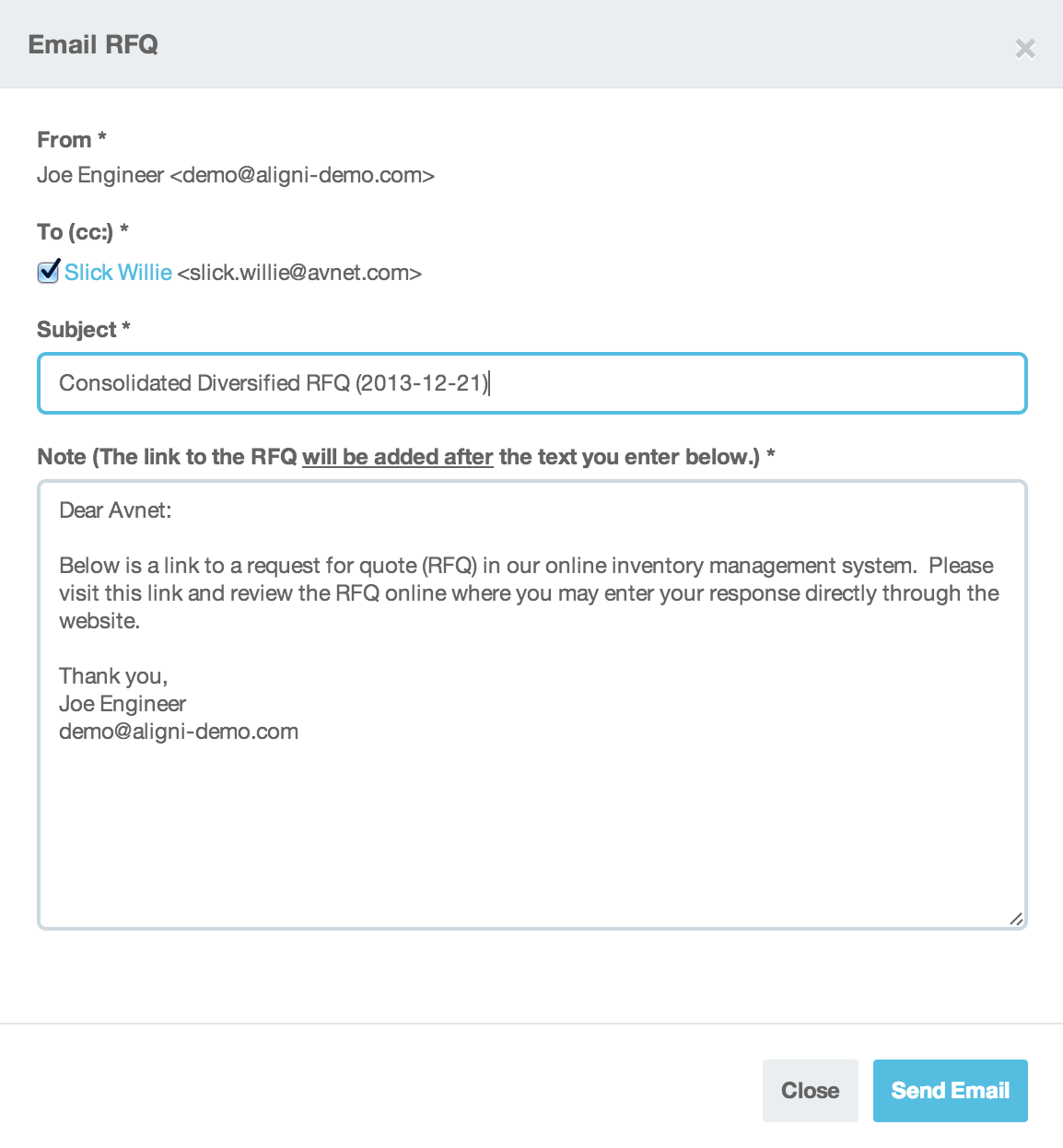 Email RFQ to Vendors Aligni