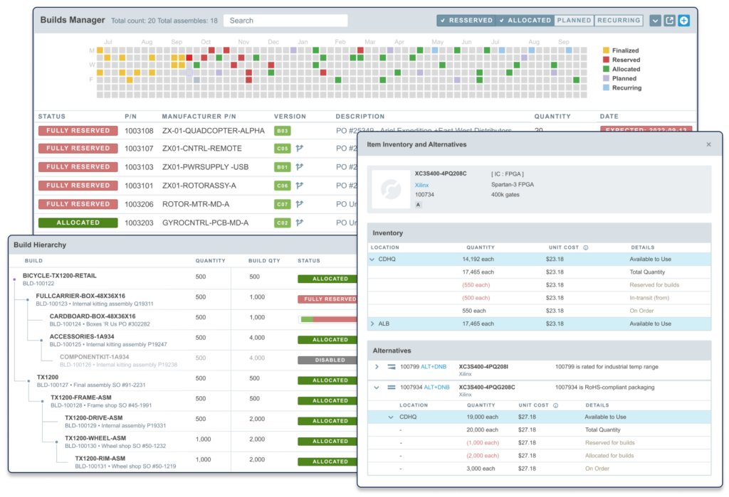 Production Build Management and Part Usage Tracking screens in Aligni MRP