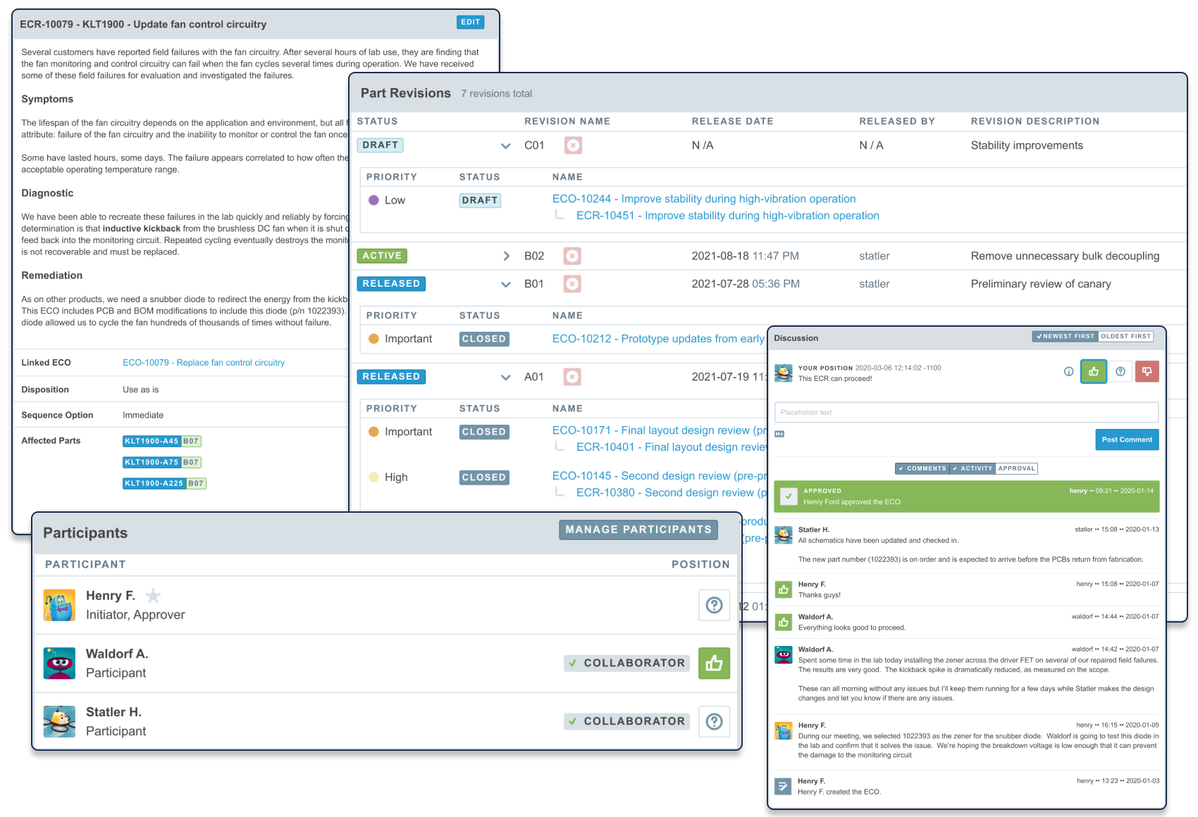 Aligni Change management screens that track ECM ECR and ECO operations